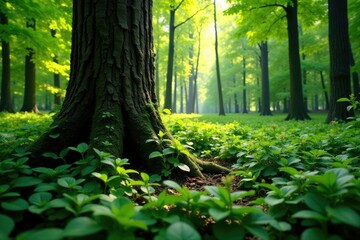 Lush green foliage surrounds a solitary tree trunk, Forest, Tree Trunk