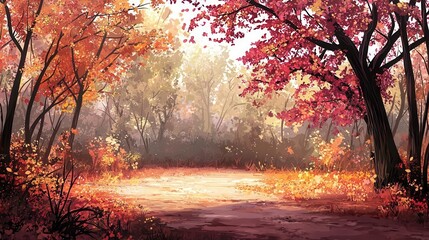 Serene Autumn Forest Path Golden Sunlight and Crimson Leaves