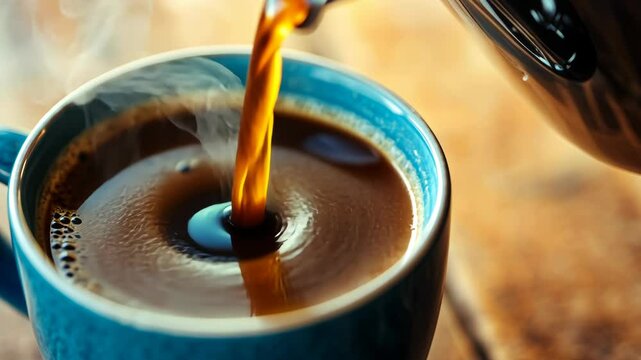 Freshly brewed coffee is poured into a blue mug on a wooden table in a cozy setting during a morning routine