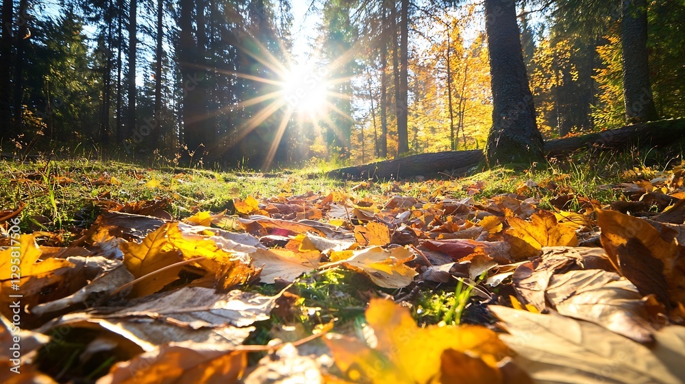 Poster golden autumn leaves on forest floor with sunlight breaking through trees : generative ai