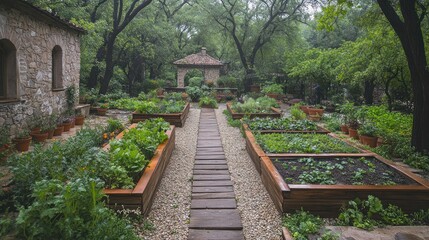 Obraz premium Stone Cottage Garden Path & Raised Beds
