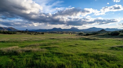 Obraz premium Expansive Green Fields with Mountains in Background Under a Dramatic Cloudy Sky : Generative AI