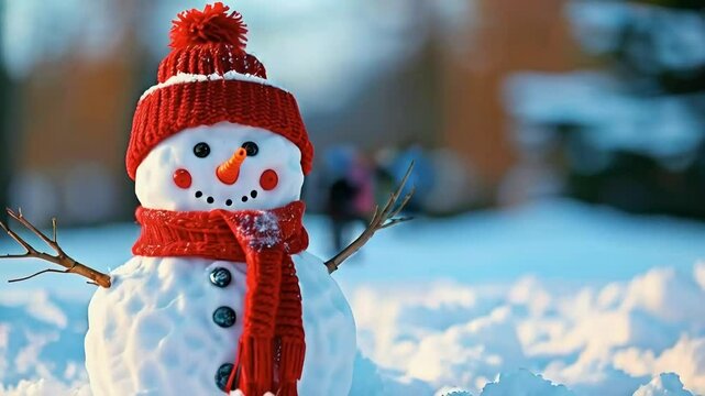 snowman with sal and beanie in the yard