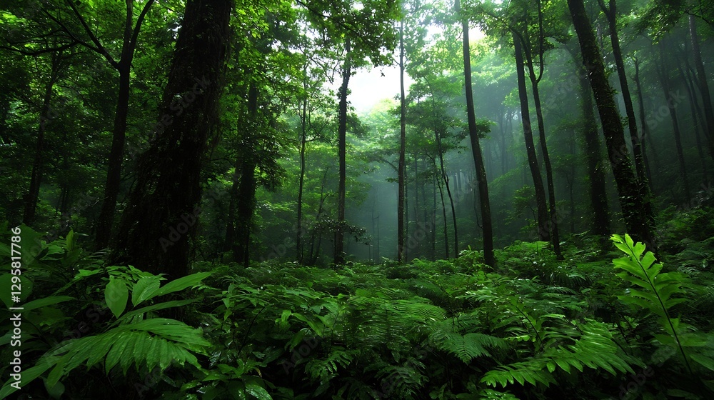 Poster dense foggy forest scene with sunlight streaming through lush green trees : generative ai
