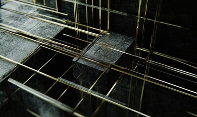 Dark concrete cube structure with gold lines, abstract background, ideal for modern design