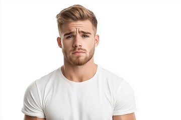 Fototapeta premium Young man with a beard wearing a white t-shirt looking worried against white background. Expressing concern and uncertainty