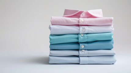 Neatly stacked pastel shirts in varied colors on white surface