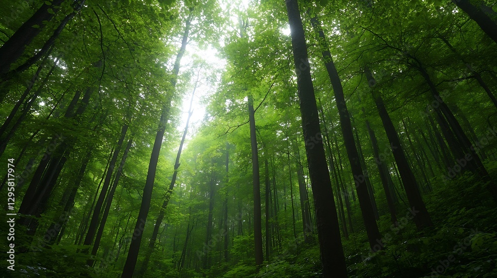 Poster Lush green forest with towering trees and sunlight filtering through foliage creating a tranquil atmosphere : Generative AI