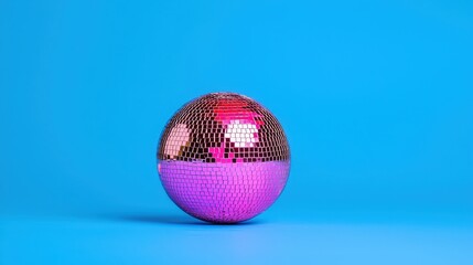 A reflective disco ball is centered on a bright blue background