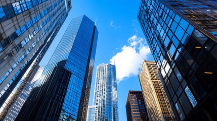 Naklejka premium Tall Skyscrapers Reaching for a Bright Blue Sky with Fluffy Clouds in the City : Generative AI