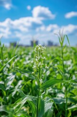 Obraz premium Beautiful Green Corn Field with Bright Blue Sky and Fluffy Clouds in the Background, Capturing Nature's Vibrancy and Agricultural Life in Urban Environment