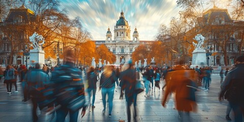 Fototapeta premium Crowd of people walking outside a stadium in motion blur with the sunset in the background. The long exposure image of visitor walking and visiting at sport arena. Sports and event concept. AIG55.