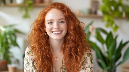 Fototapeta premium A Smiling Redhead Woman With Long Curly Hair
