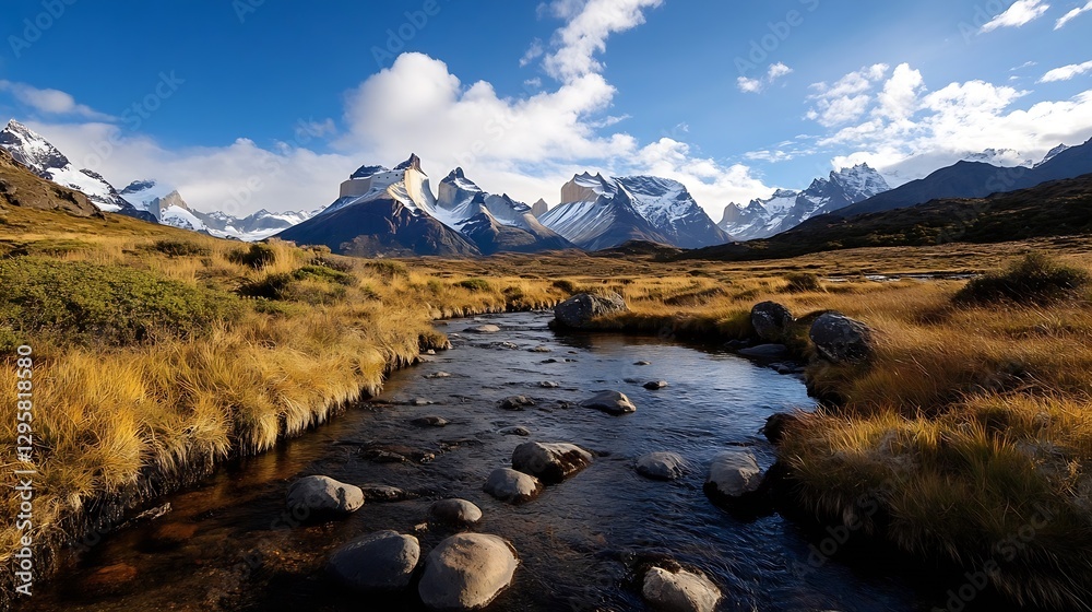 Poster stunning landscape of rugged mountains with a river flowing through a golden grass field under a cle