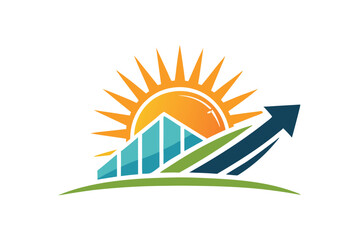 Fototapeta premium Modern vector illustration showcasing sun, mountains, and flowing water with nature-inspired colors representing a sustainable company