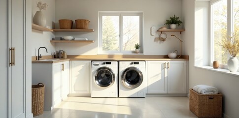 Bright and airy laundry room with modern appliances and natural elements
