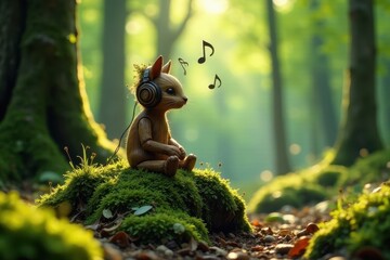 Fototapeta premium A whimsical wooden creature, adorned with headphones, sits serenely amidst a sun-dappled mossy forest, listening to the enchanting melodies of nature.