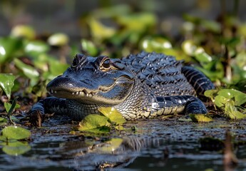 Obraz premium Black Alligator Lying Among Water Plants in Marshy Habitat, Showcasing Unique Scales and Natural Camouflage in Wetland Environment