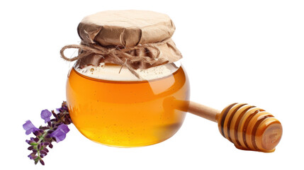 Honey dripping from wooden dipper into glass jar with transparent background