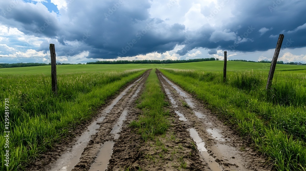 Poster rural pathway lined with green grass and distant cloudy sky to explore nature : generative ai
