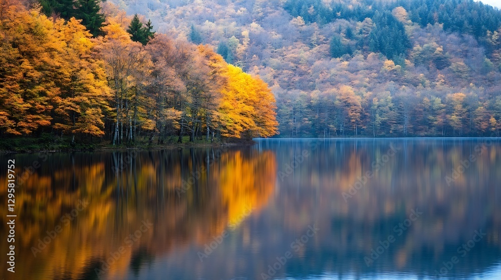 Poster stunning autumn landscape with colorful trees reflecting on calm lake surface : generative ai