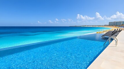 Serene beachfront view with a stunning infinity pool and vibrant ocean waves under clear skies