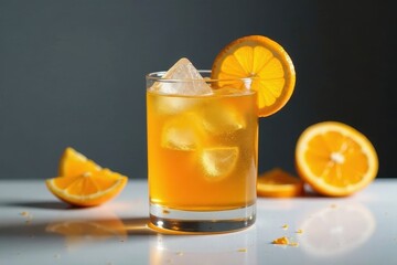 Refreshing Citrus Beverage with Ice Cubes and Orange Garnish in a Glass