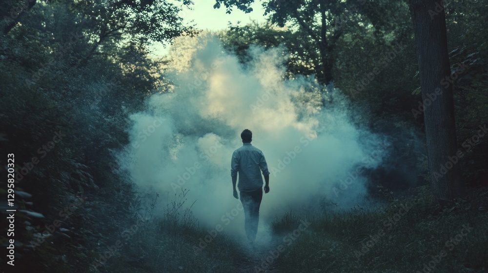 Poster a solitary figure strides through a forest enveloped in soft, ethereal fog during dusk. the scene ca
