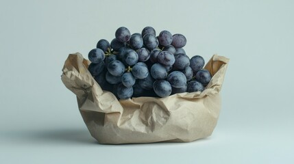 Grape cluster wrapped in protective paper bag studio setting food photography minimalist environment close-up view