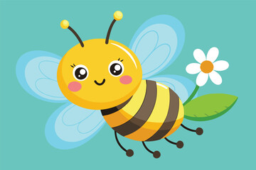 Charming vector illustration of a happy bee interacting with a colorful flower on a soothing blue background