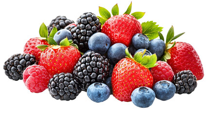 A vibrant mix of strawberries, blueberries, raspberries, and blackberries, all fresh and juicy, isolated on a transparent background.
