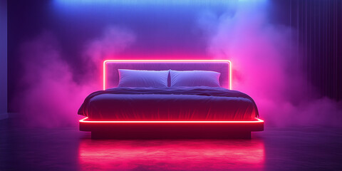 Modern bedroom with neon lighting outlining the bed frame and headboard, creating a vibrant and futuristic atmosphere. Suitable for interior design blogs, tech websites, and articles on modern living.