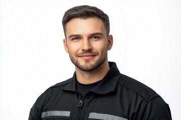 Obraz premium Smiling young man in black work uniform with neatly groomed beard. Confident and approachable. Professional and reliable.