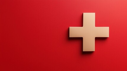 Obraz premium Gold cross symbol on vibrant red background. Healthcare, emergency, and medical assistance concept.