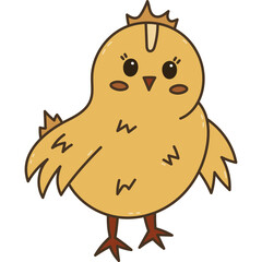 Colorful doodle Easter chick character standing and smiling. Cute hand drawn baby chicken as symbol of traditional springtime holiday. Funny farm bird, poultry isolated on white background.