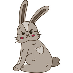 Lovely Easter bunny doodle with heart fur blob on back, turned around with joyful face. Colorful hand drawn fuzzy rabbit sticker for poster, card, design, web. Sign of religious springtime holiday