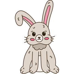 Lovely Easter bunny doodle with bent down ear smiling. Childish hand drawn furry rabbit as symbol of Easter egg hunt at traditional spring holiday. Spring sticker for print, graphic design, media.