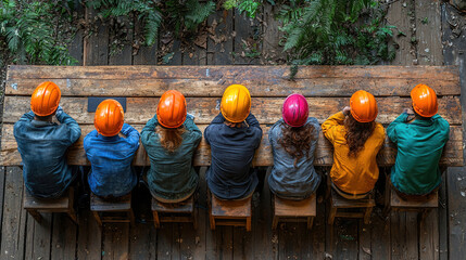 Group of workers in colorful helmets gathered at a rustic table in a wooded area for a team meeting during the day. Generative AI