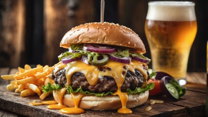 A mouth-watering cheeseburger with melted cheese, lettuce, pickles, and red onion rings on a sesame seed bun, accompanied by crispy French fries and a frothy glass of beer, all set on a rustic wooden