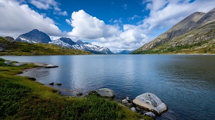 Stunning Mountain Lake Surrounded by Snow Capped Peaks and Lush Greenery : Generative AI