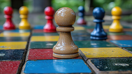 Colorful board game pieces on an outdoor chessboard set in a park during daytime fun. Generative AI