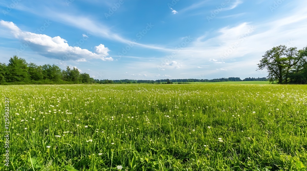 Poster scenic wide open green field under a bright blue sky with fluffy white clouds : generative ai