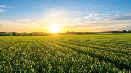 Fototapeta premium Golden Sunrise Over Lush Green Rice Field in Rural Landscape : Generative AI