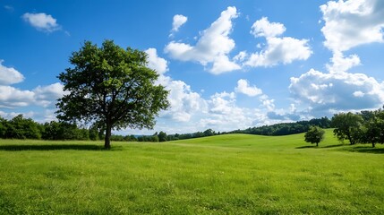 Fototapeta premium Lush Green Meadow with a Single Tree and Beautiful Cloudy Sky : Generative AI