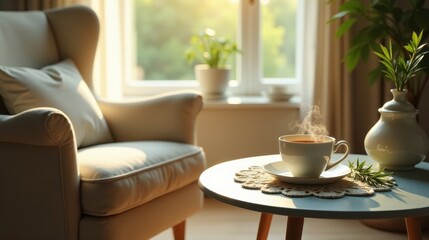 A warm cup of tea sits on a side table near a comfy armchair bathed in the soft glow of morning sunlight, creating a peaceful and serene atmosphere