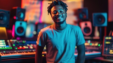 Fototapeta premium Young male musician with joyful smile in modern recording studio surrounded by colorful sound equipment and vibrant lighting creating a lively atmosphere