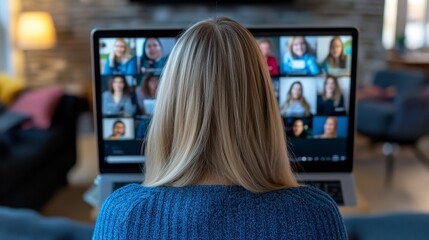 Enhance your virtual meetings with this dynamic image showcasing a woman participating in a video conference call Experience the power of remote communication and collaboration through technology