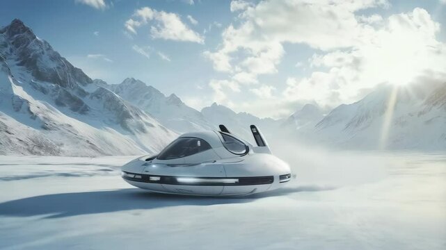 A futuristic, sleek hovercraft gliding over a snow-covered landscape