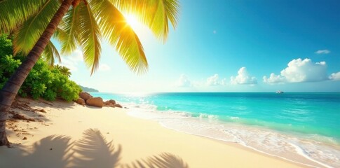 Obraz premium Golden sand, turquoise waves, bright sun, palm trees, warm, ocean view