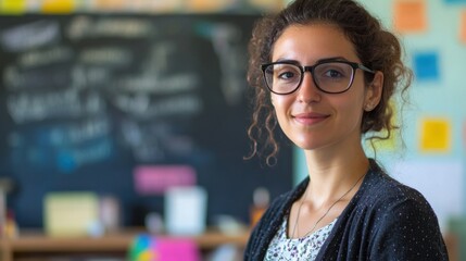 Smiling young woman with curly hair and glasses posing in front of a classroom blackboard filled with educational notes and colorful sticky notes